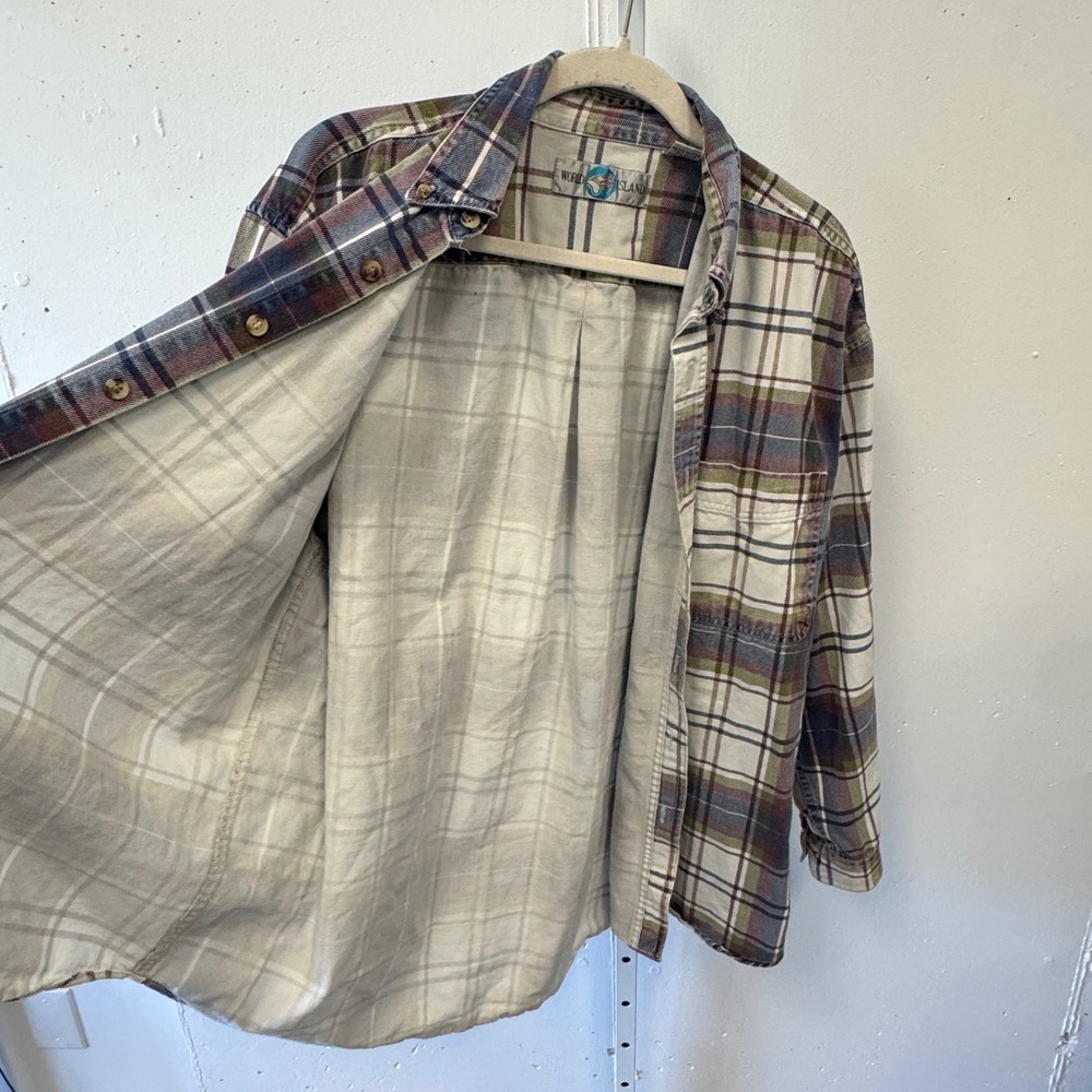 Vintage World Island Men's XL Plaid Button Down Shirt Blue Cotton Long Sleeve - Picture 3 of 8